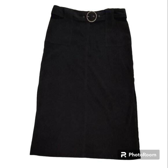 Vintage 90s Y2K Faux Suede Belted Maxi Midi Skirt with Pockets & Side Slits - Picture 5 of 11